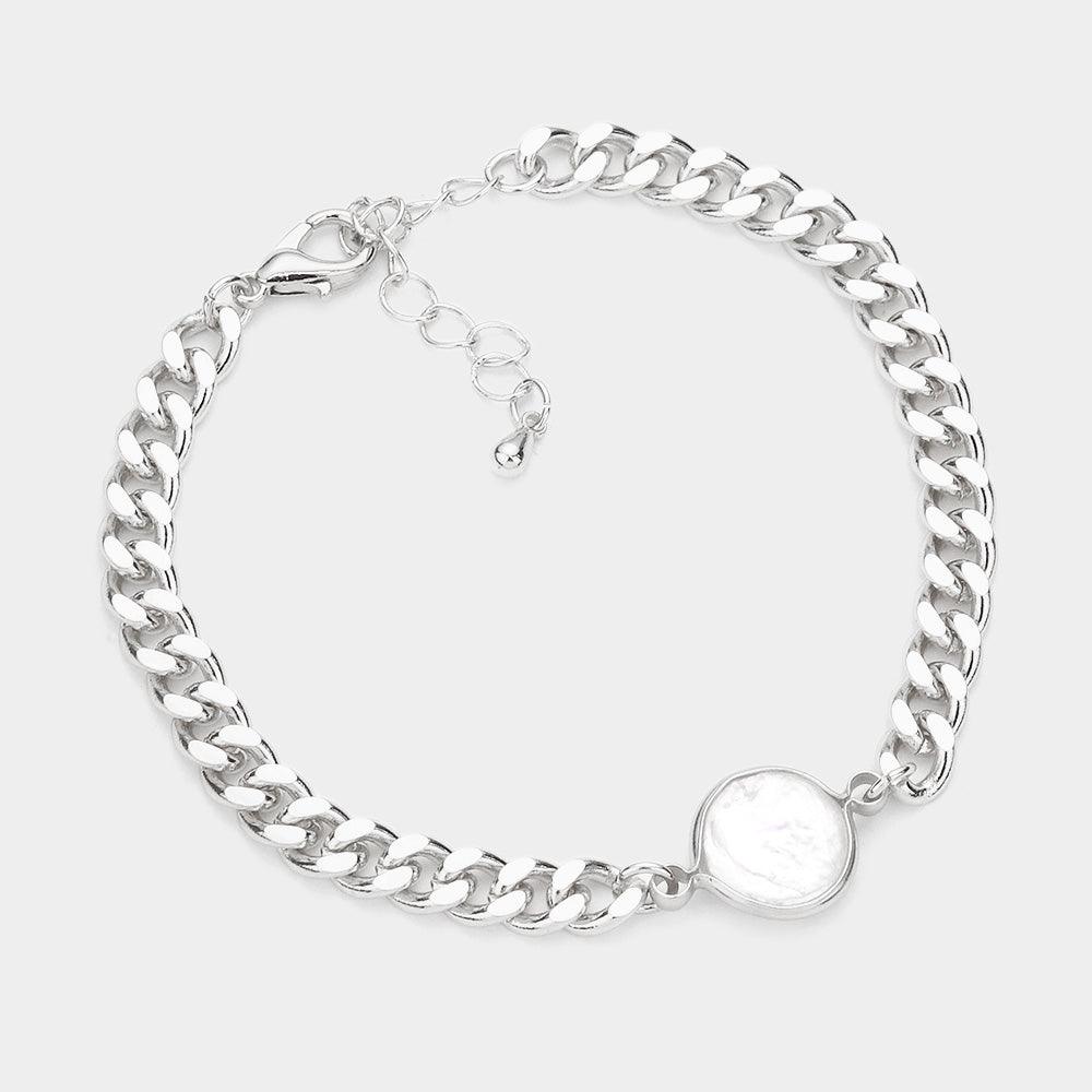 Freshwater Pearl Accented Metal Chain Link Bracelet