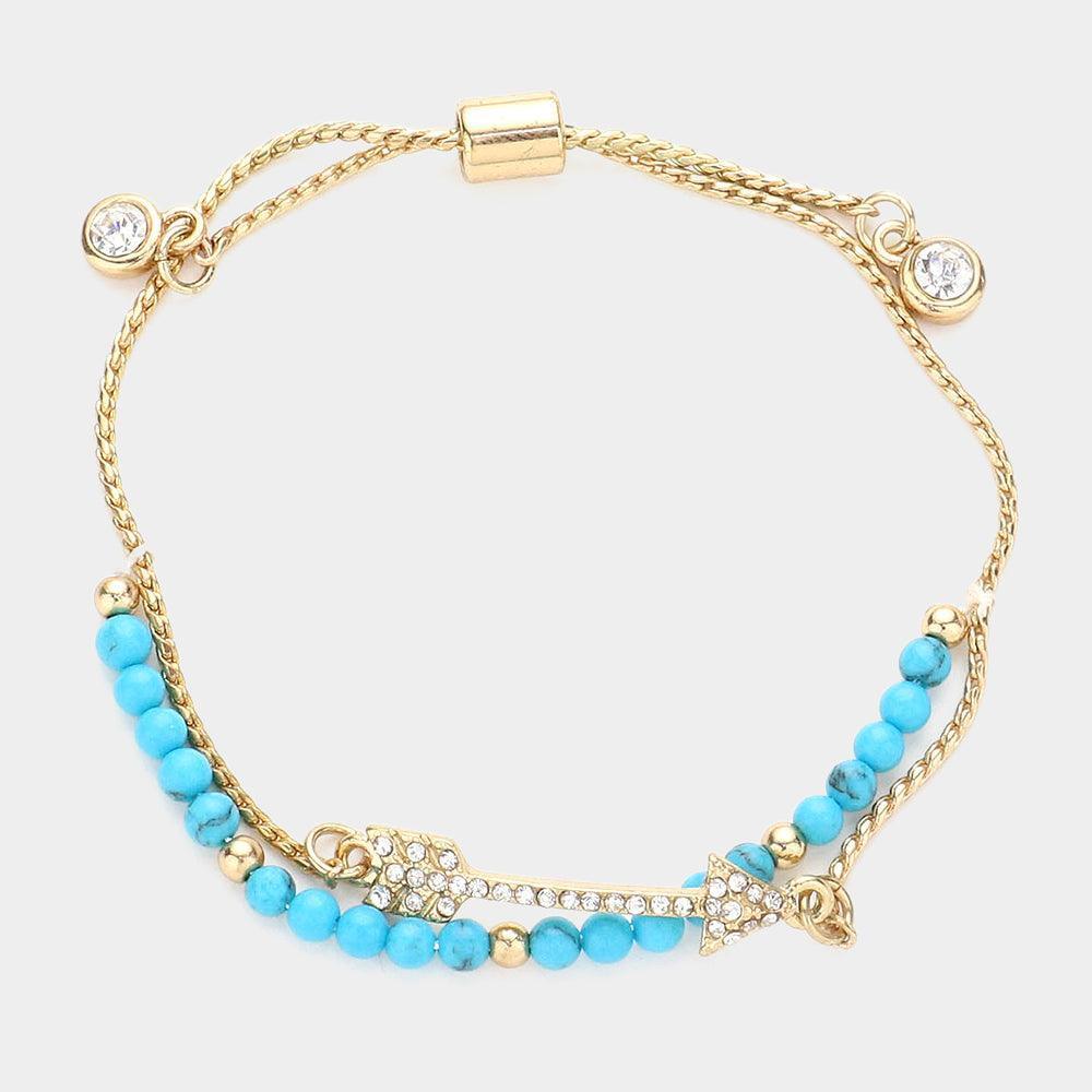 Turquoise Crystal Arrow Charm Layered Pull Tie Cinch Bracelet - Jewelry Store by Erik Rayo