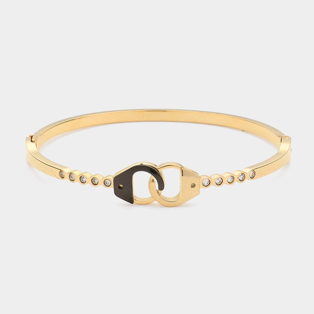 Gold Stainless Steel Stone Paved Handcuff Hinged Bangle Bracelet