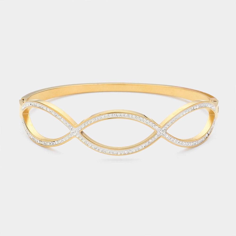 Gold Stainless Steel Stone Paved Wavy Hinged Bangle Bracelet