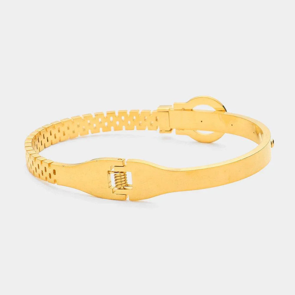 Gold Stainless Steel Stone Paved Belt Buckle Hinged Bangle Bracelet - Jewelry Store by Erik Rayo
