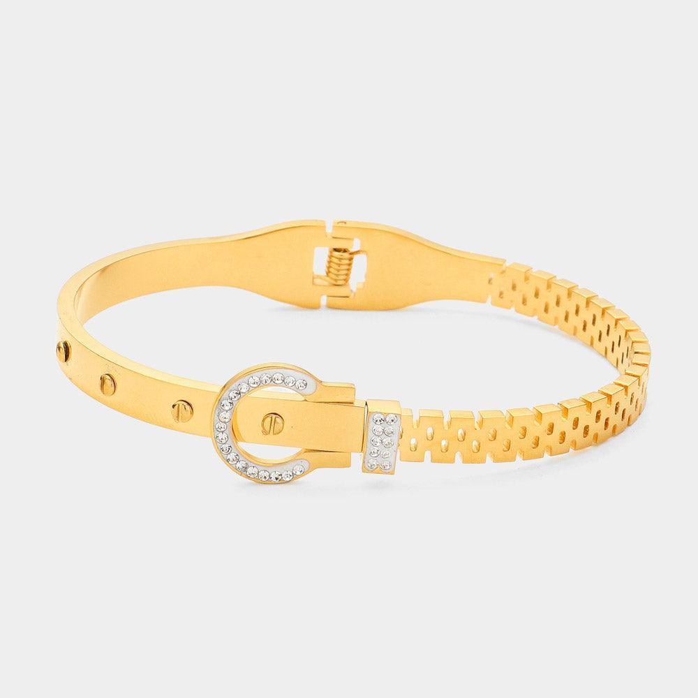 Gold Stainless Steel Stone Paved Belt Buckle Hinged Bangle Bracelet - Jewelry Store by Erik Rayo