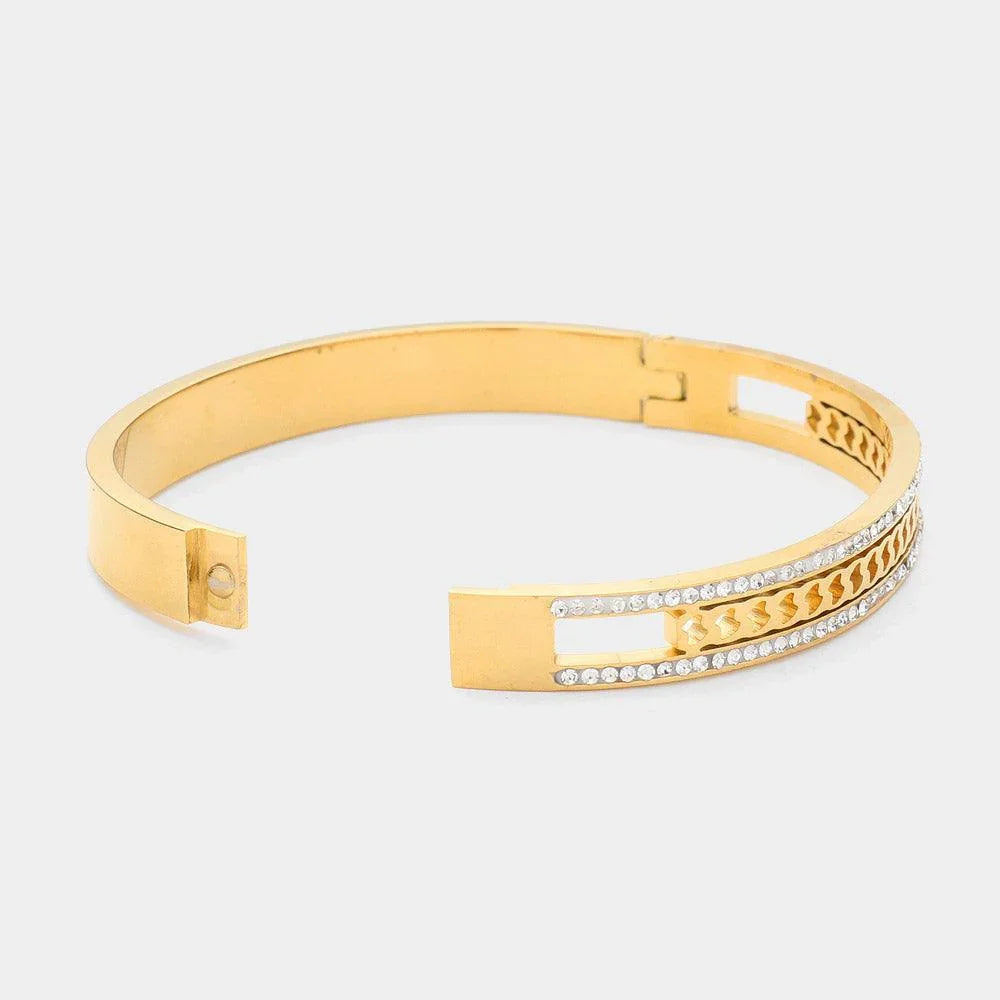 Gold Stainless Steel Stone Paved Hinged Bangle Bracelet - Jewelry Store by Erik Rayo