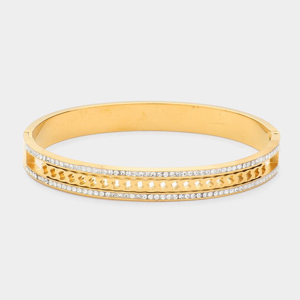 Gold Stainless Steel Stone Paved Hinged Bangle Bracelet