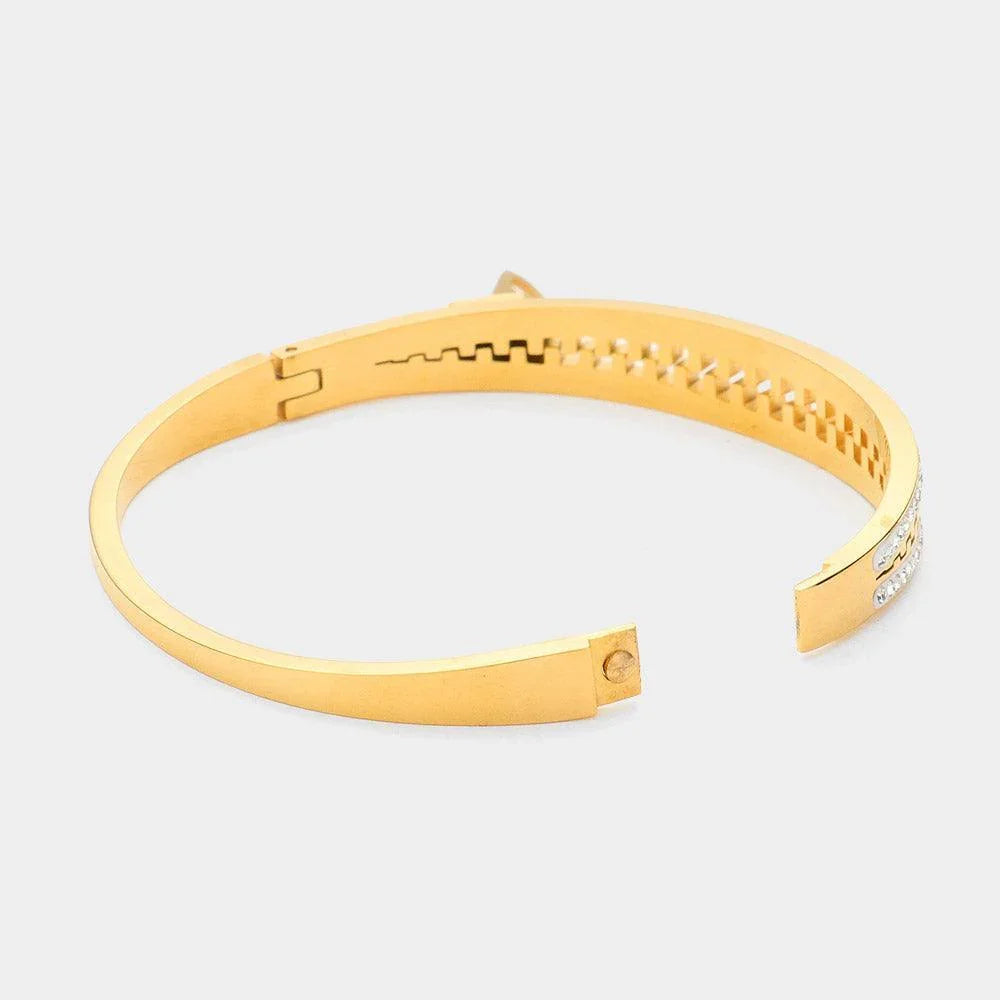 Gold Stainless Steel Stone Paved Zipper Hinged Bangle Bracelet - Jewelry Store by Erik Rayo