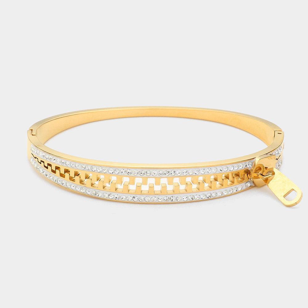 Gold Stainless Steel Stone Paved Zipper Hinged Bangle Bracelet - Jewelry Store by Erik Rayo