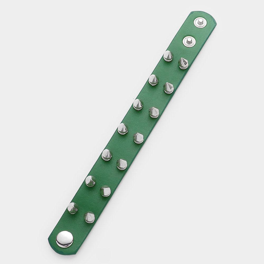Green Spike Cone Studded Faux Leather Bracelet - Jewelry Store by Erik Rayo