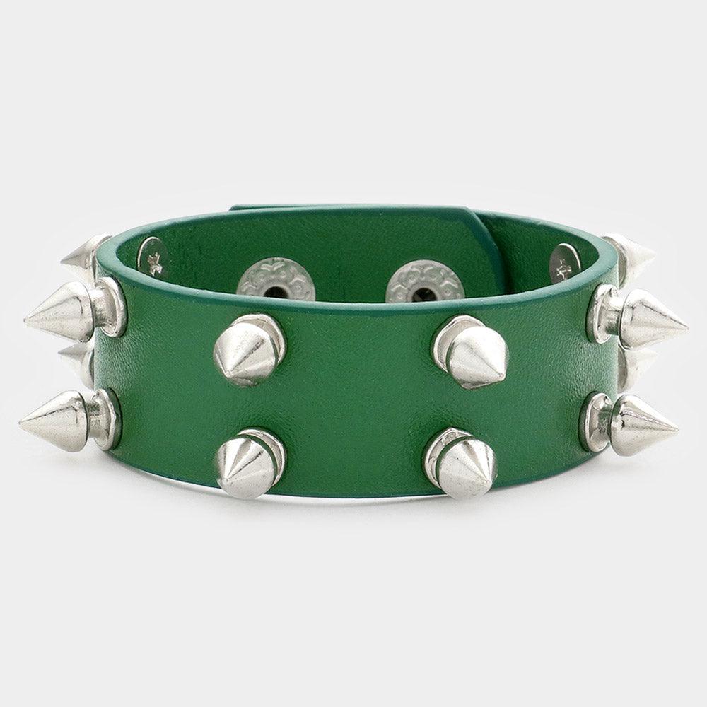 Green Spike Cone Studded Faux Leather Bracelet - Jewelry Store by Erik Rayo