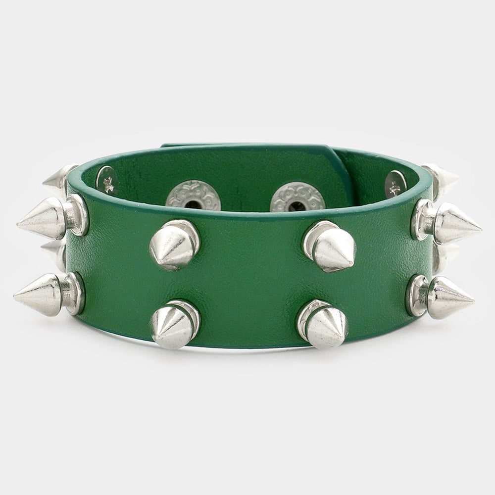 Green Spike Cone Studded Faux Leather Bracelet