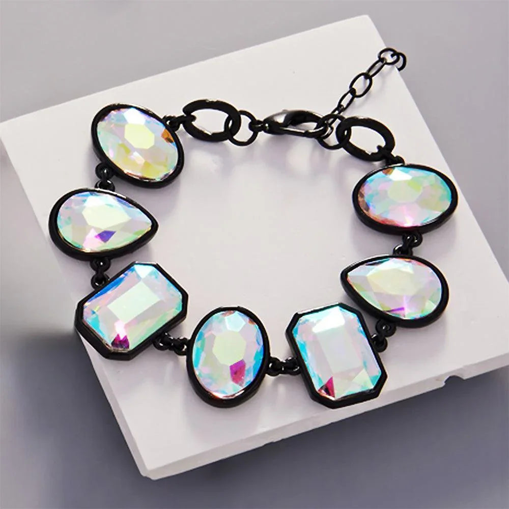 Black Oval Teardrop Square Crystal Stone Cluster Charm Bracelet