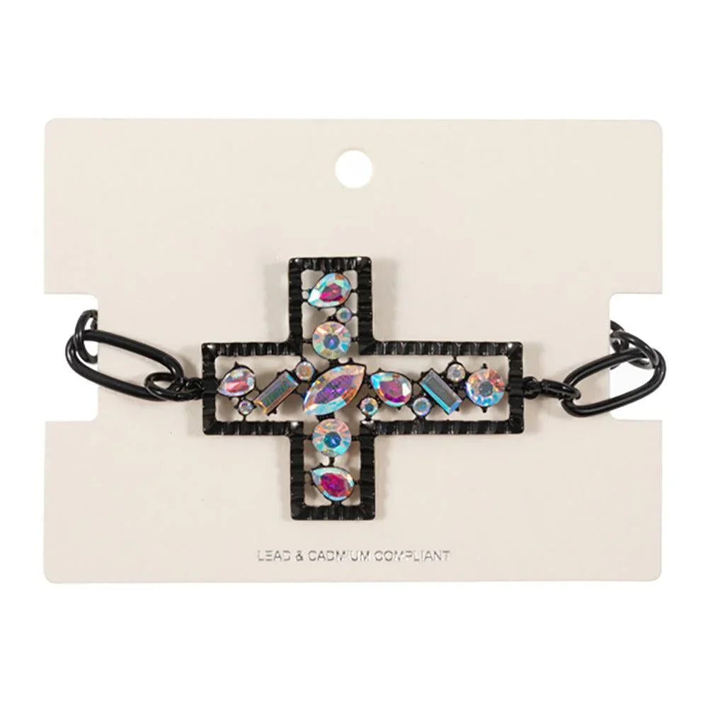 Black Stone Cluster Embellished Cross Pendant Pointed Bracelet - Jewelry Store by Erik Rayo