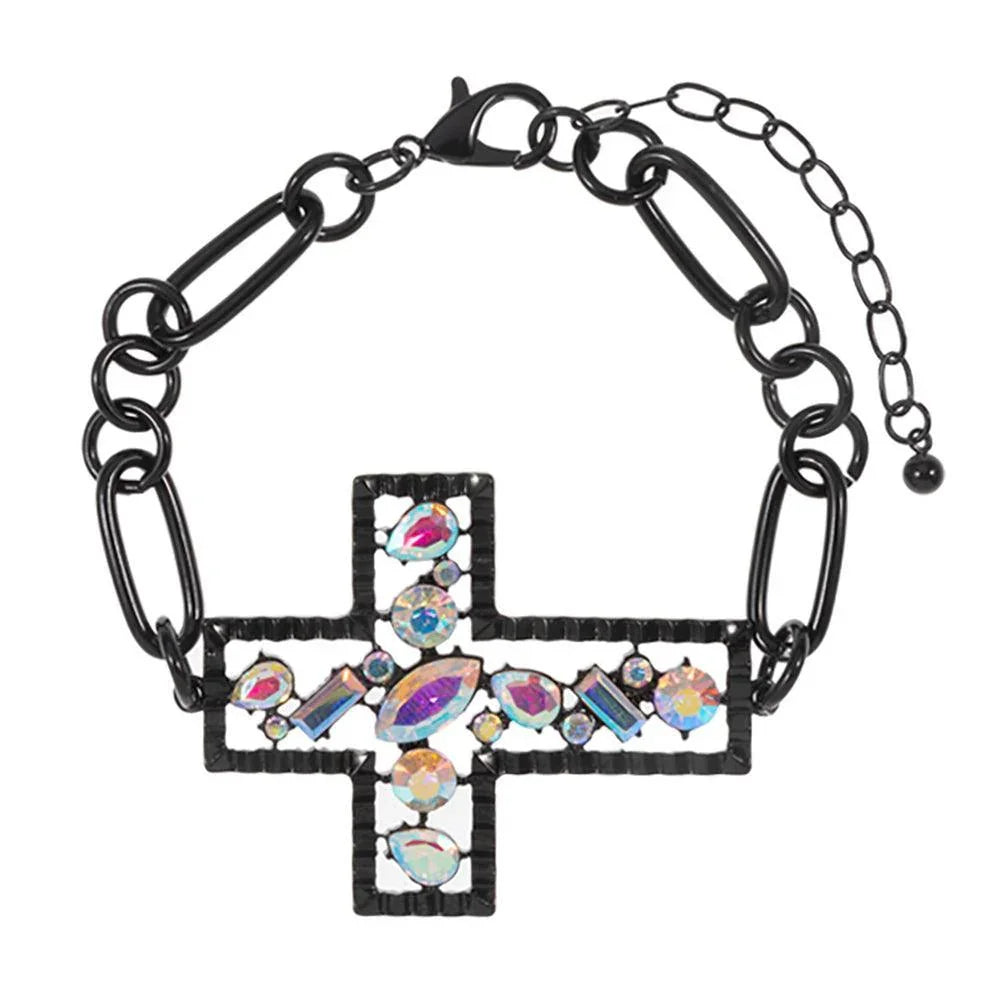 Black Stone Cluster Embellished Cross Pendant Pointed Bracelet - Jewelry Store by Erik Rayo