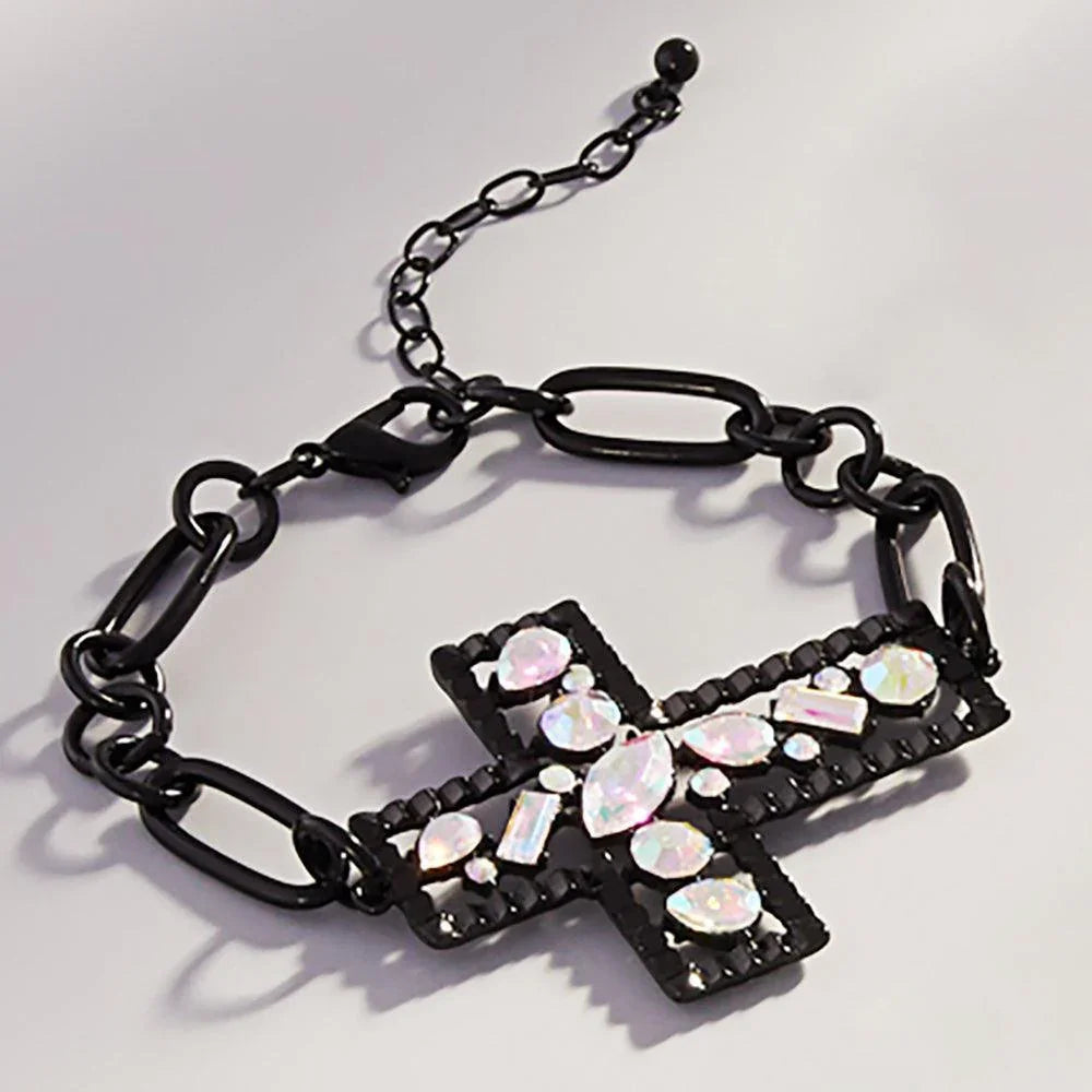 Black Stone Cluster Embellished Cross Pendant Pointed Bracelet - Jewelry Store by Erik Rayo
