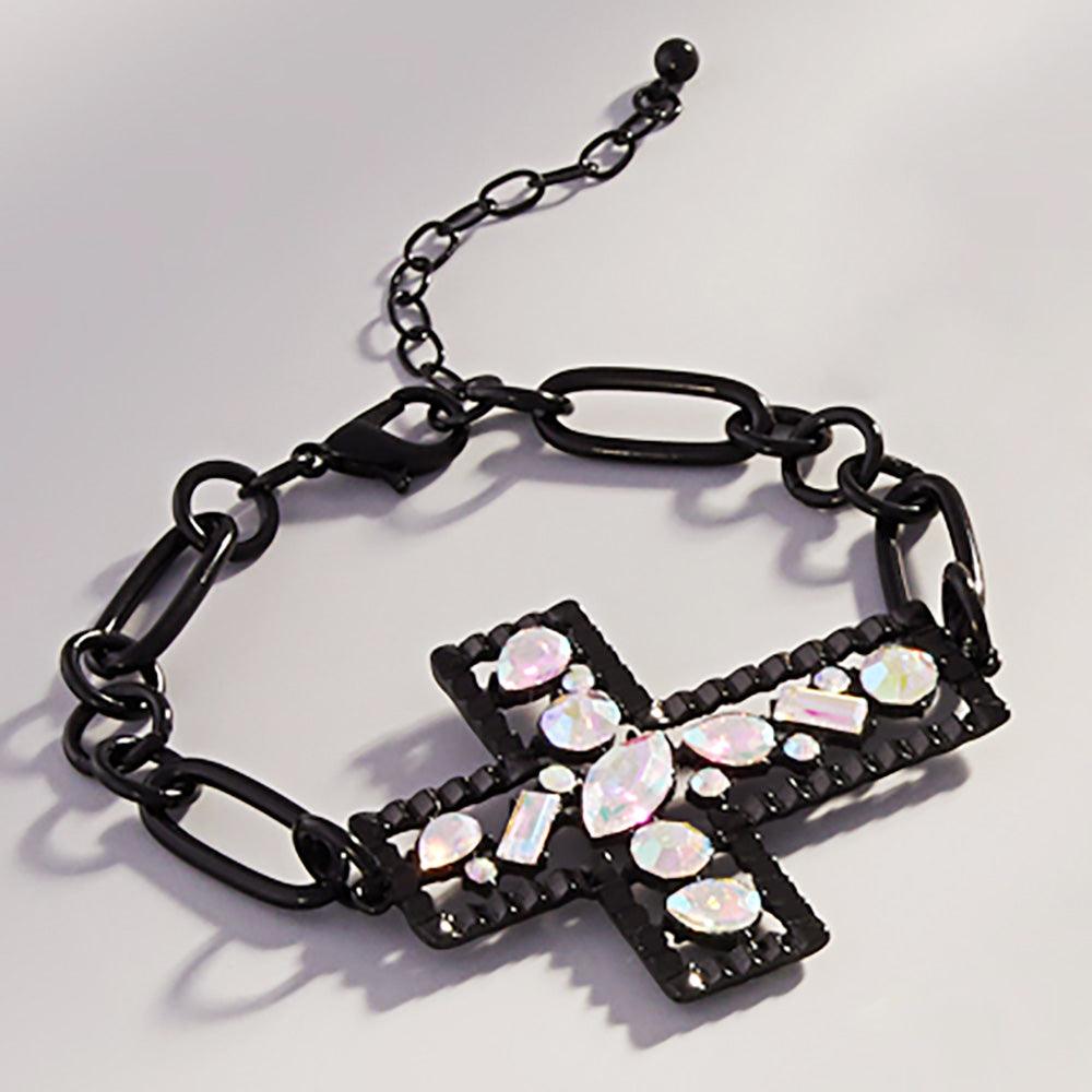 Black Stone Cluster Embellished Cross Pendant Pointed Bracelet