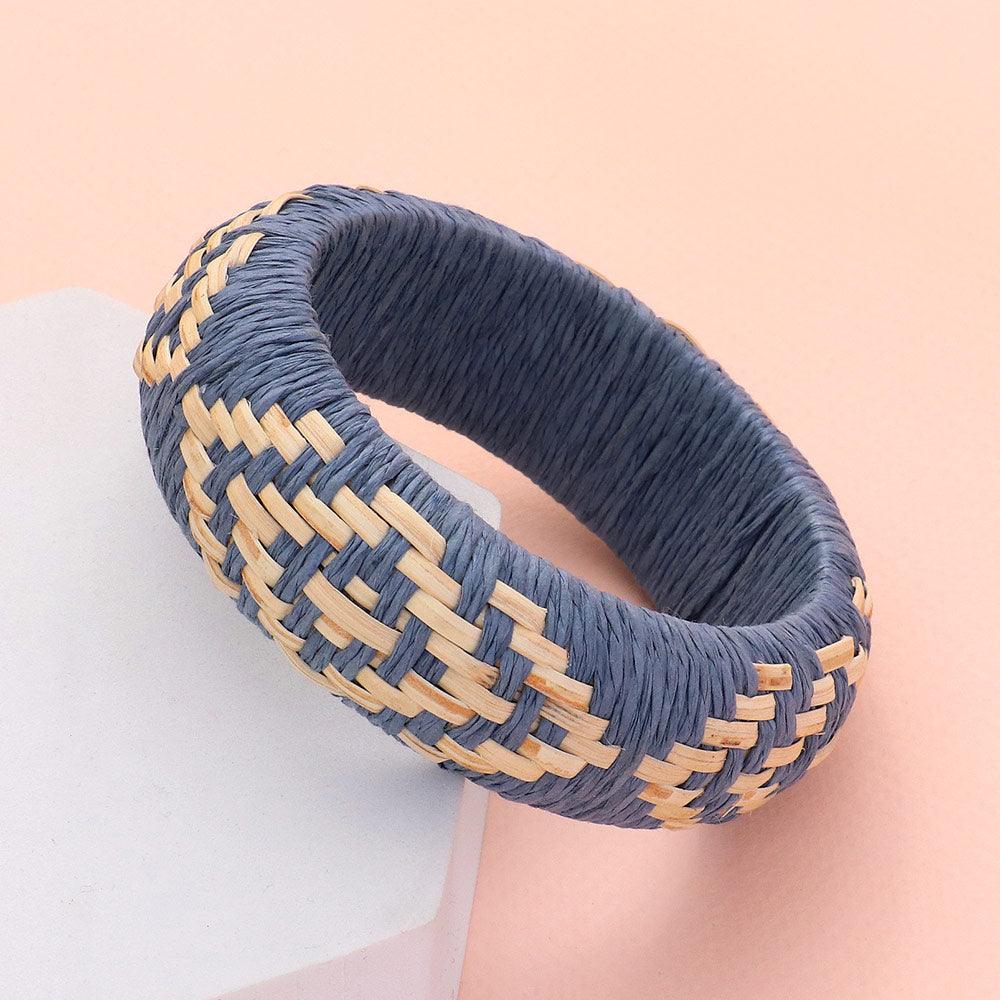 Blue Raffia Weave Abstract Pattern Bangle Bracelet