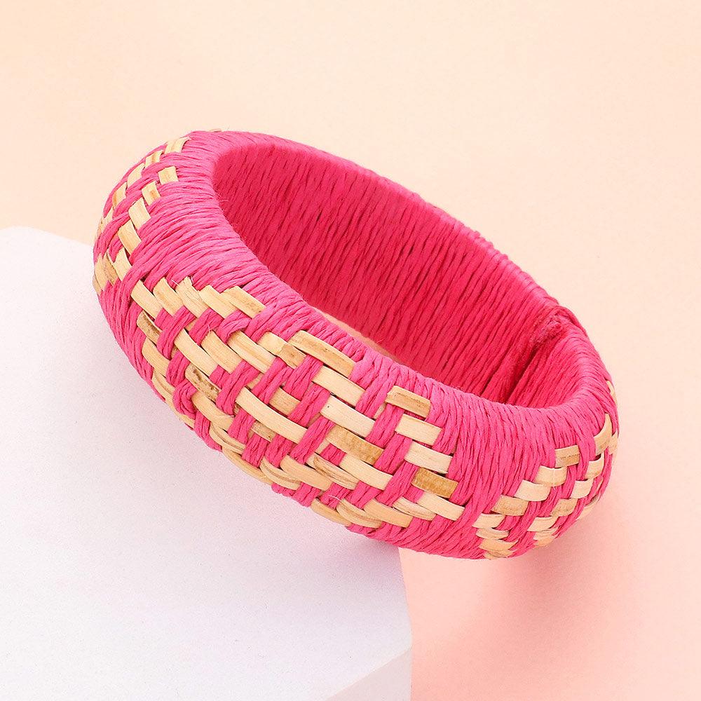 Pink Raffia Weave Abstract Pattern Bangle Bracelet