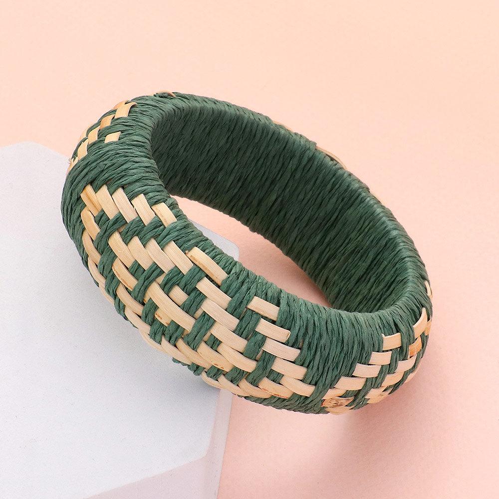 Green Raffia Weave Abstract Pattern Bangle Bracelet