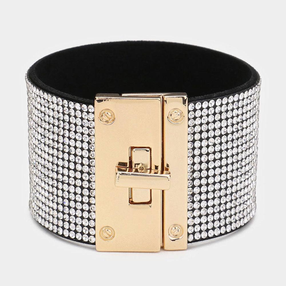 Clear Embellished Rhinestone Wide Turn Lock Bracelet - Jewelry Store by Erik Rayo