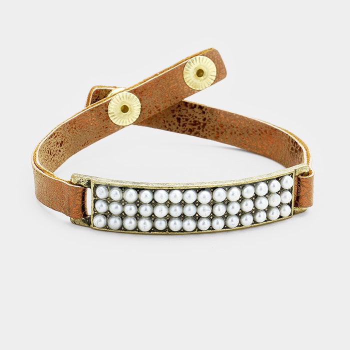 Cream Metallic Faux Leather Rectangle Pearl Cluster Bracelet