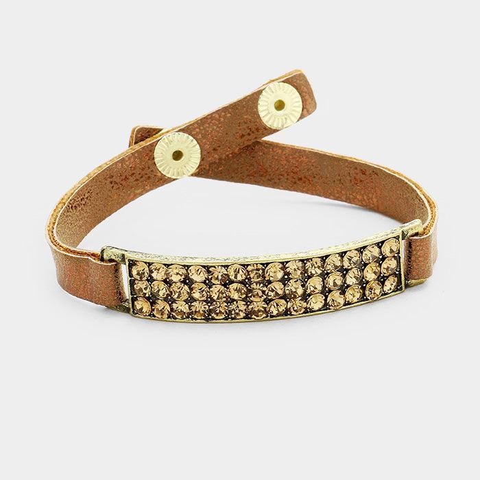 Gold Metallic Faux Leather Rectangle Pave Rhinestone Bracelet - Jewelry Store by Erik Rayo