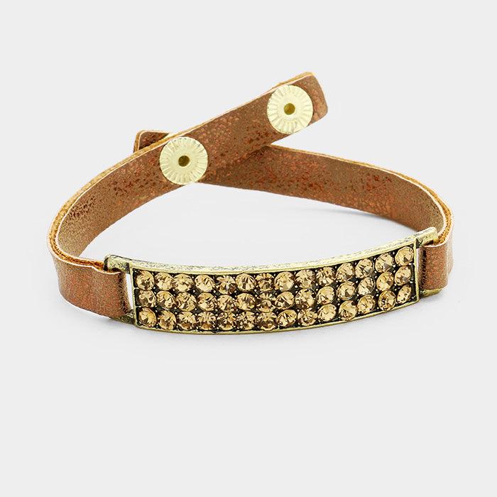 Gold Metallic Faux Leather Rectangle Pave Rhinestone Bracelet