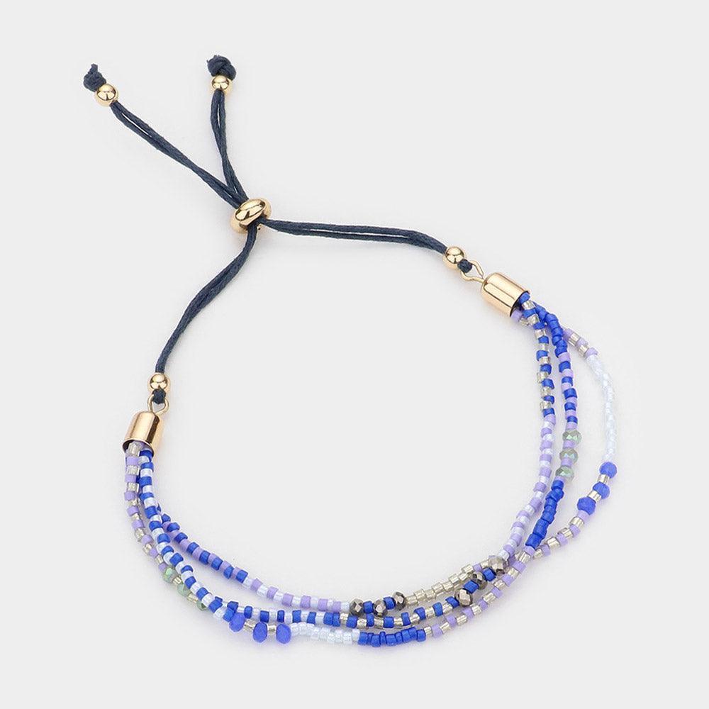 Blue Triple Layered Beaded Pull Tie Adjustable Cinch Bracelet - Jewelry Store by Erik Rayo