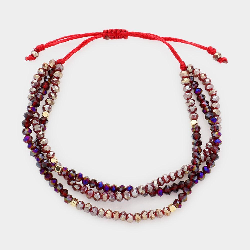Burgundy Faceted Beaded Triple Layered Pull Tie Cinch Bracelet - Jewelry Store by Erik Rayo