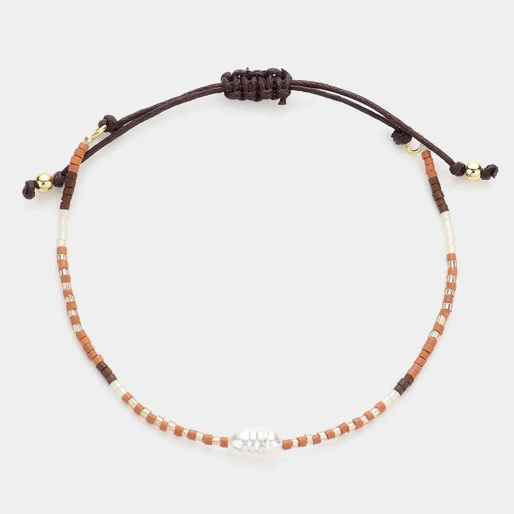 Beige Pearl Accented Beaded Pull Tie Cinch Bracelet - Jewelry Store by Erik Rayo