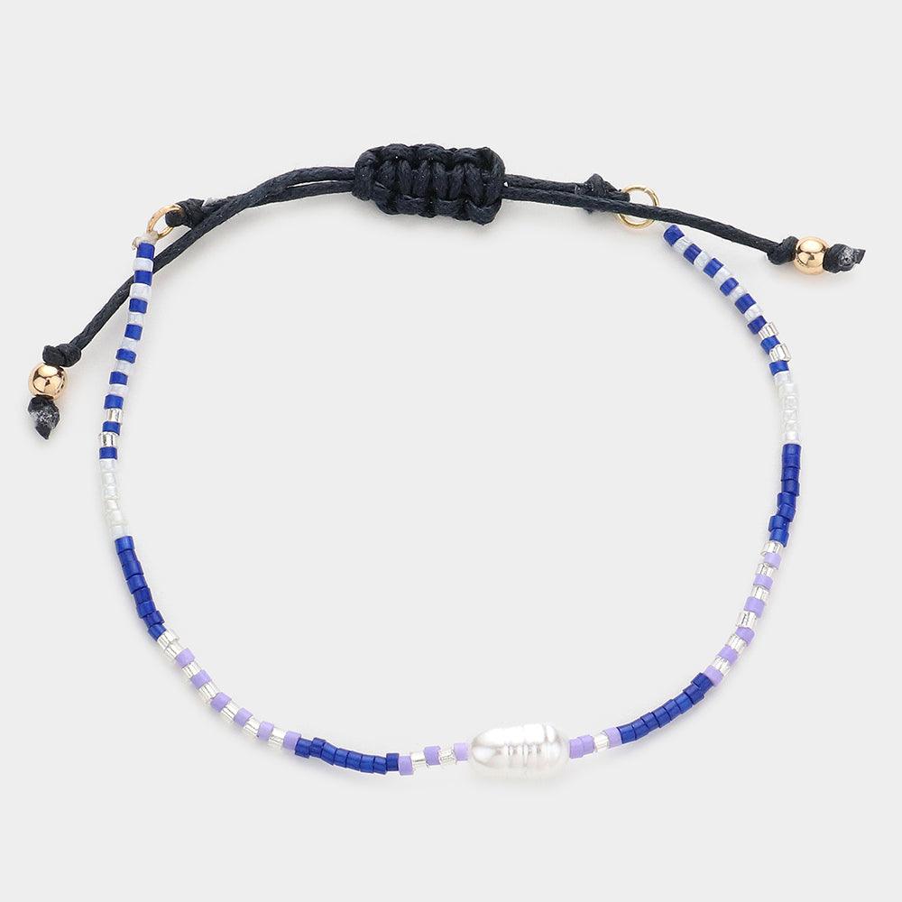 Blue Pearl Accented Beaded Pull Tie Cinch Bracelet