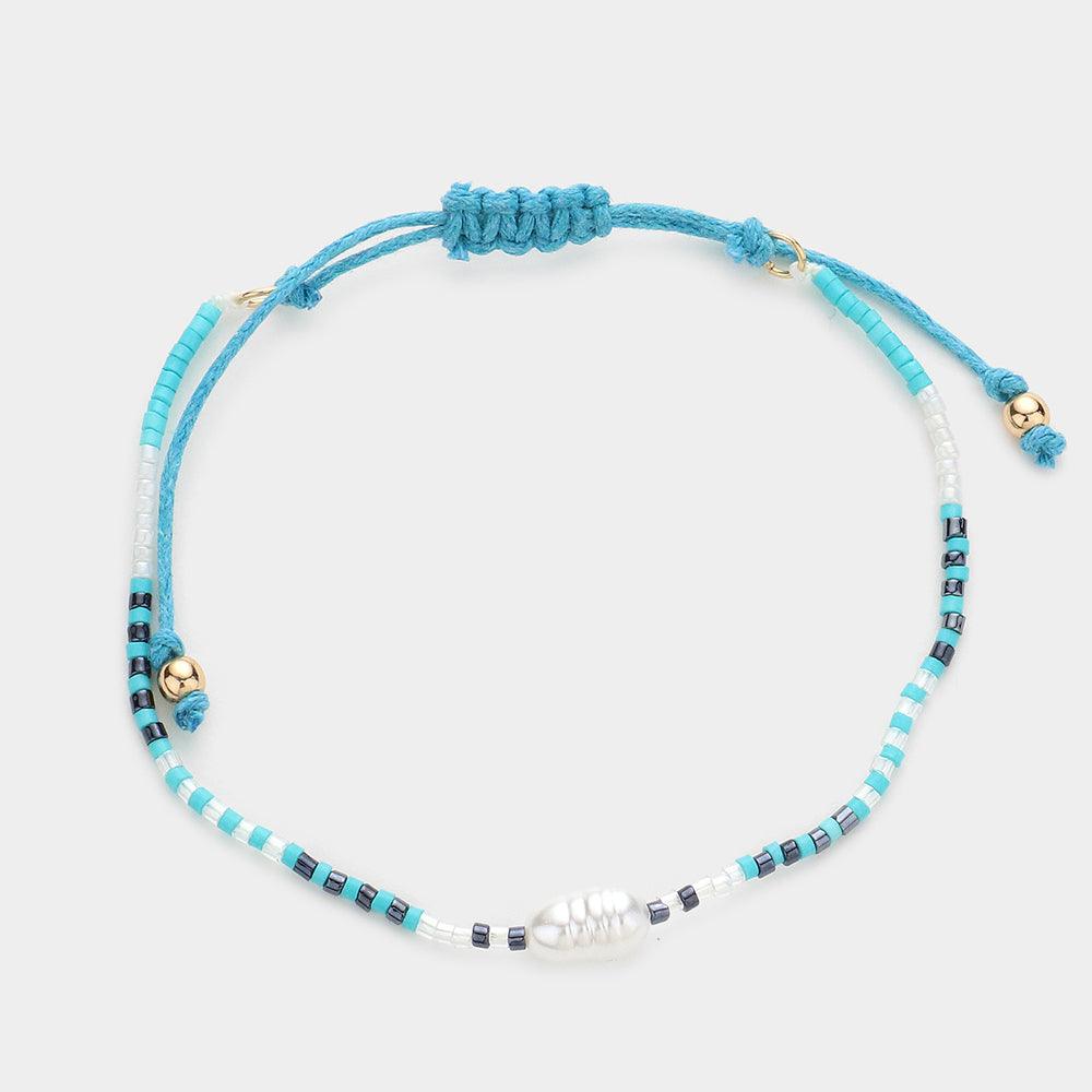 Blue Pearl Accented Beaded Pull Tie Cinch Bracelet