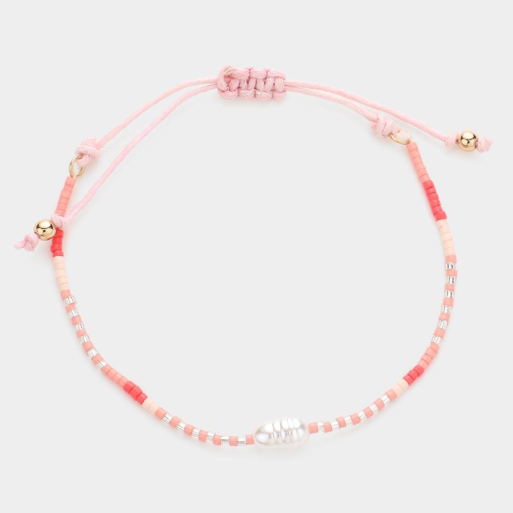 Pink Pearl Accented Beaded Pull Tie Cinch Bracelet