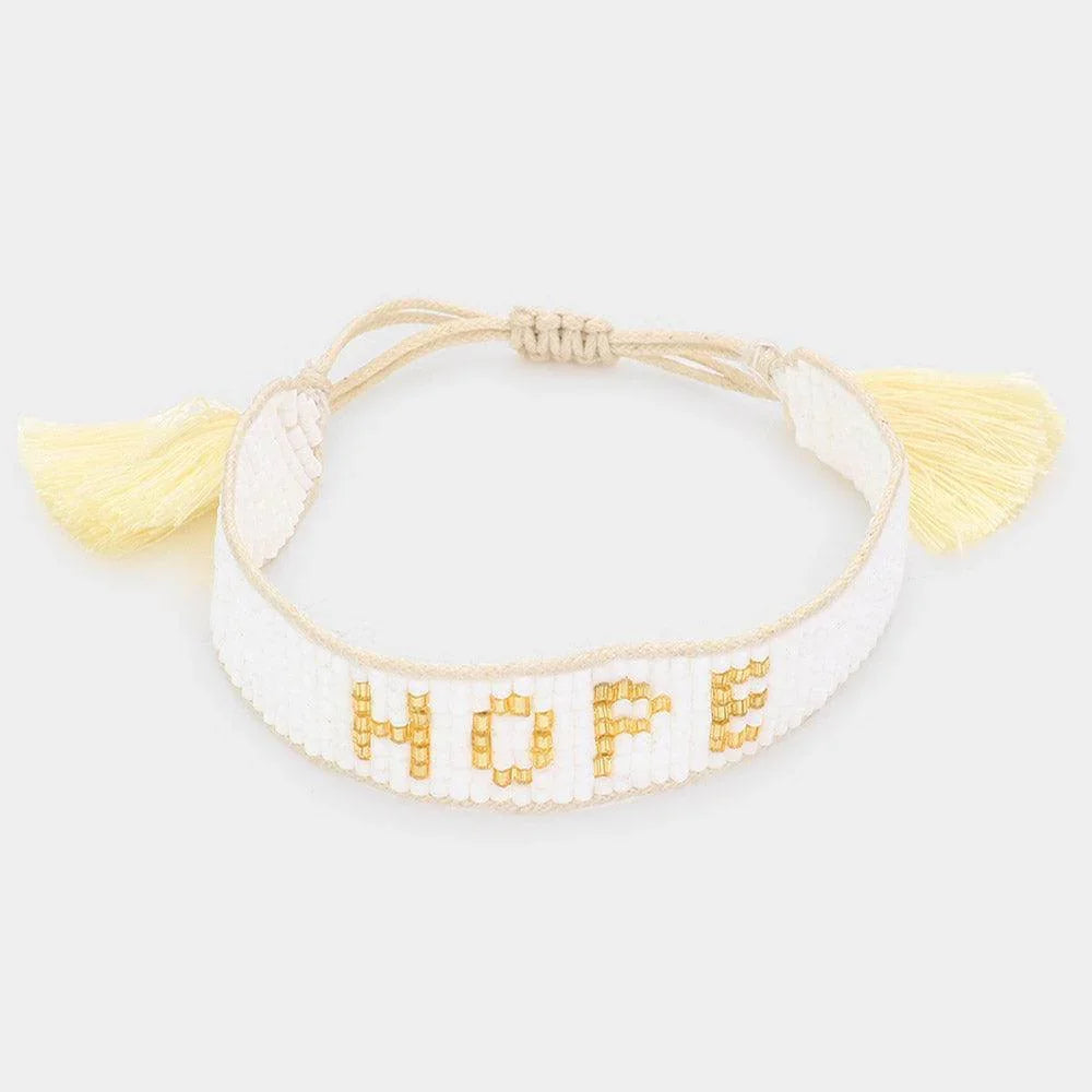 White HOPE Message Beaded Tassel Pull Tie Cinch Bracelet - Jewelry Store by Erik Rayo