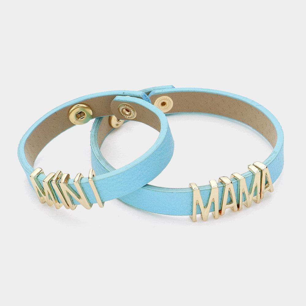 Blue 2PCS - MINI MAMA Message Faux Leather Button Snap Bracelets Set - Jewelry Store by Erik Rayo