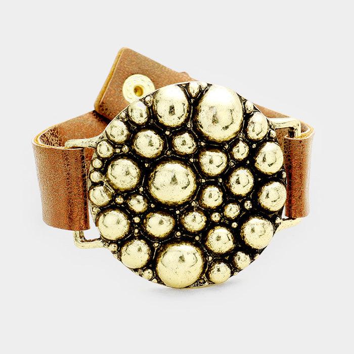 Gold Metal Ball Cluster Metallic Faux Leather Bracelet