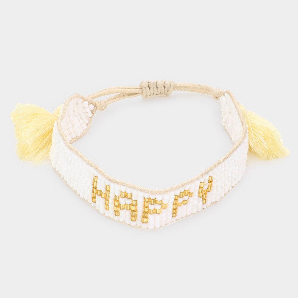 White HAPPY Message Beaded Tassel Pull Tie Cinch Bracelet - Jewelry Store by Erik Rayo