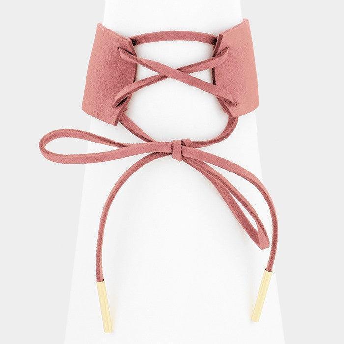 Pink Lace up corset faux suede bracelet - Jewelry Store by Erik Rayo