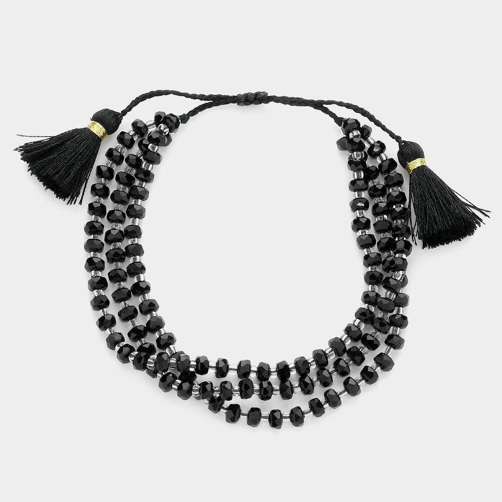 Black Faceted Beaded Triple Layered Tassel Pull Tie Cinch Bracelet - Jewelry Store by Erik Rayo