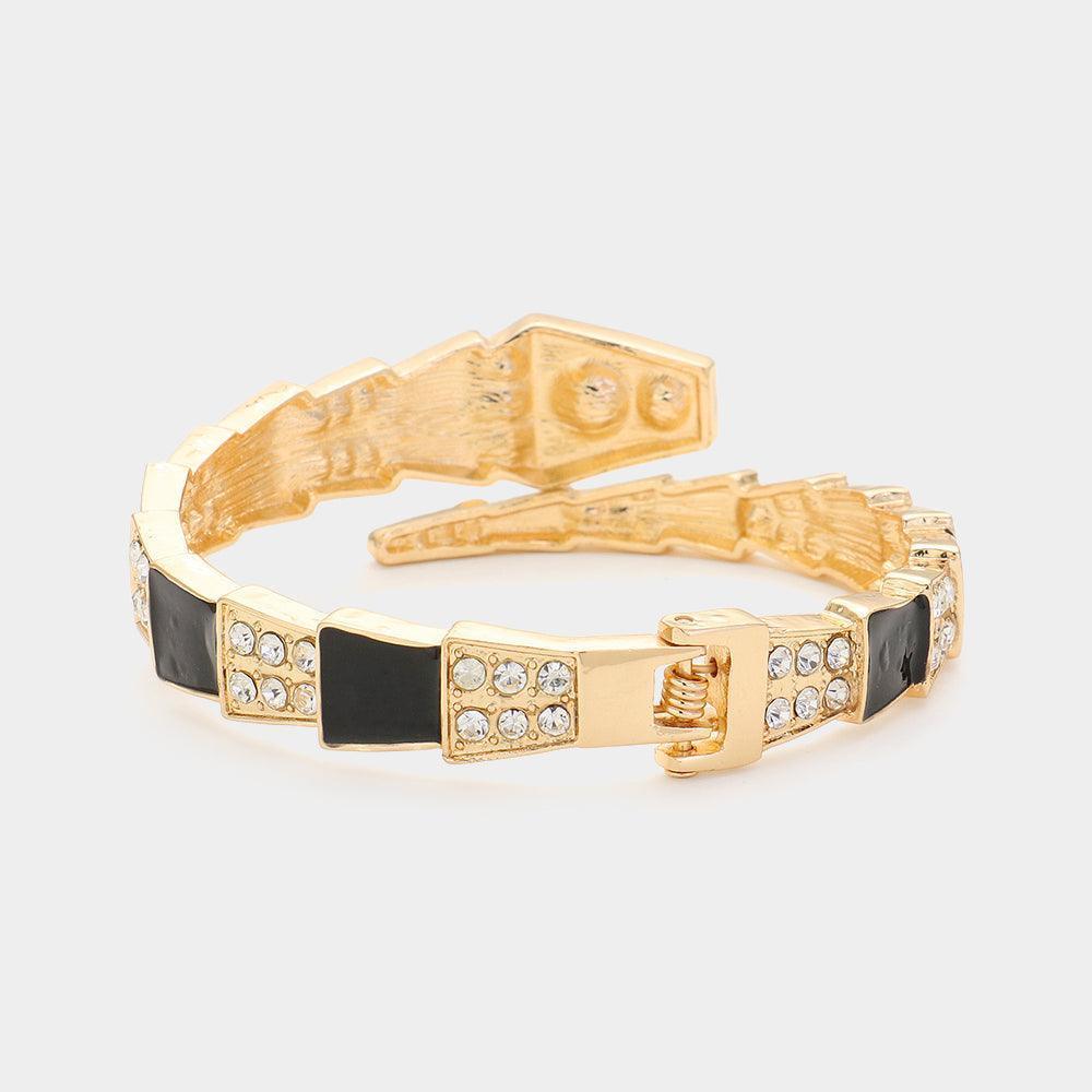 Black Stone Embellished Enamel Snake Hinged Bracelet - Jewelry Store by Erik Rayo