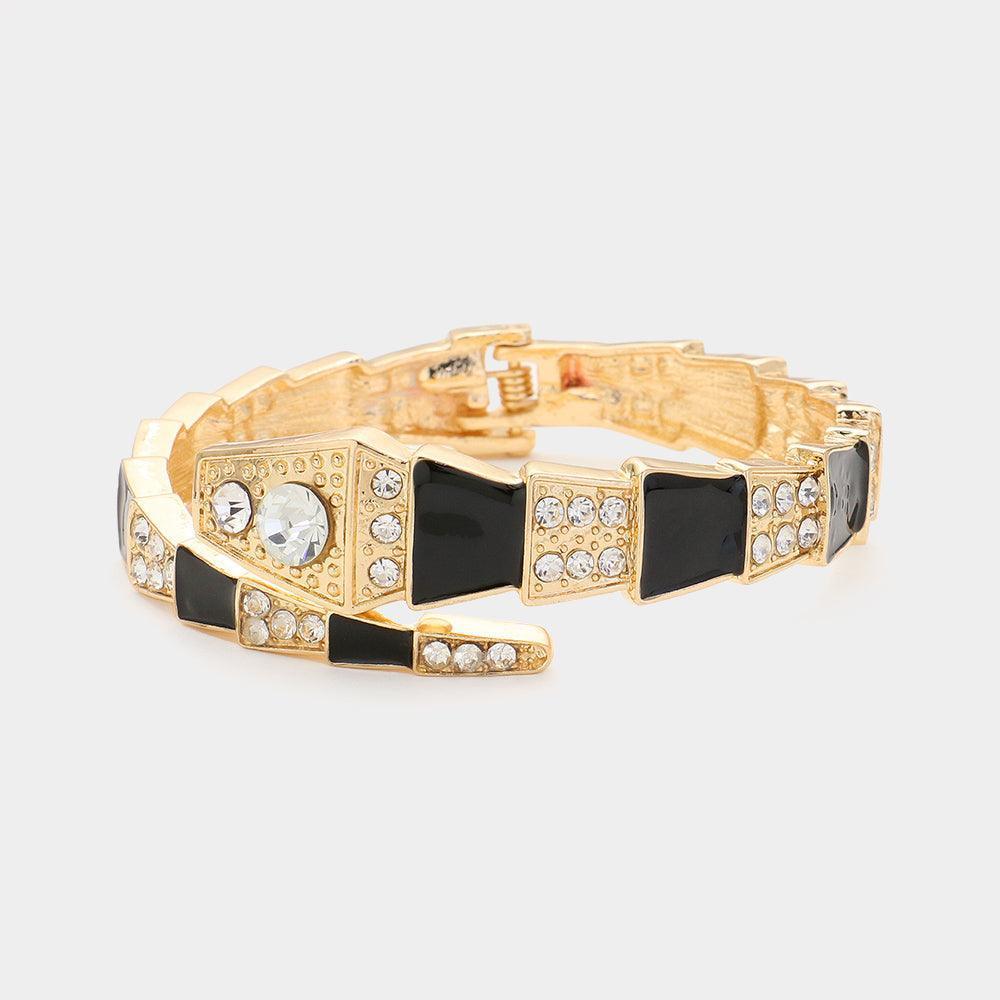 Black Stone Embellished Enamel Snake Hinged Bracelet - Jewelry Store by Erik Rayo