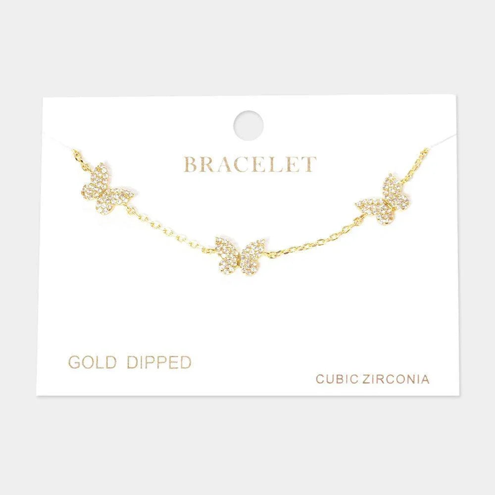 Gold Gold Dipped CZ Triple Butterfly Charm Station Bracelet - Jewelry Store by Erik Rayo