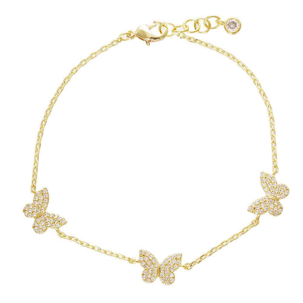 Gold Gold Dipped CZ Triple Butterfly Charm Station Bracelet - Jewelry Store by Erik Rayo