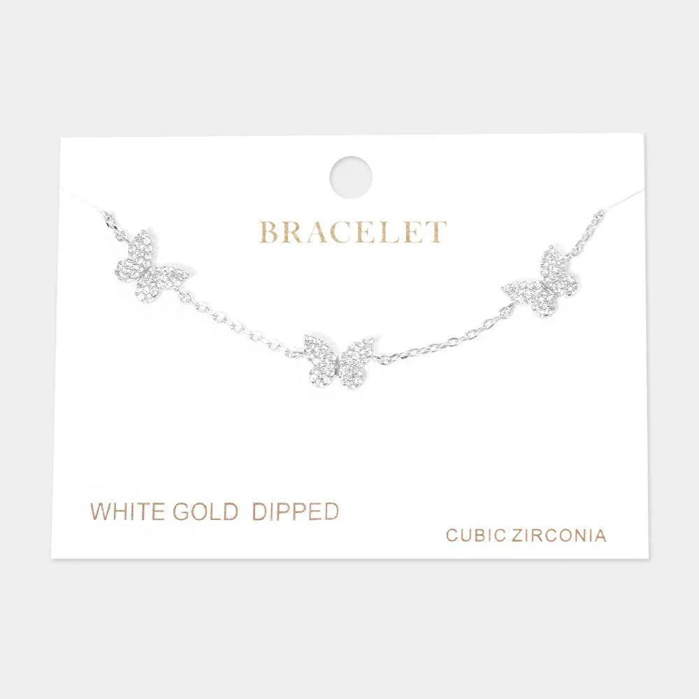 Gold White Gold Dipped CZ Triple Butterfly Charm Station Bracelet - Jewelry Store by Erik Rayo