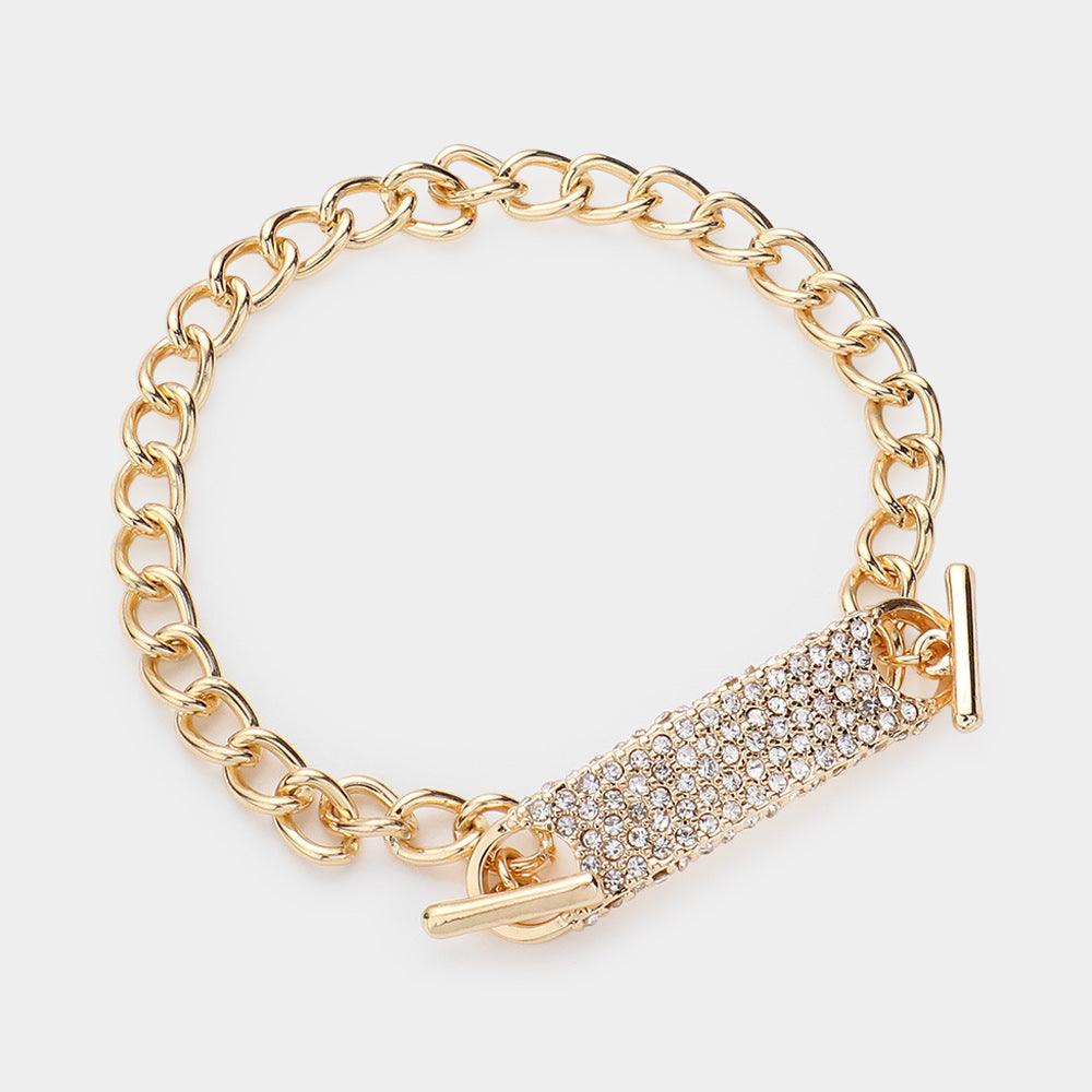 Gold Stone Paved Rectangle Bar Chain Toggle Bracelet