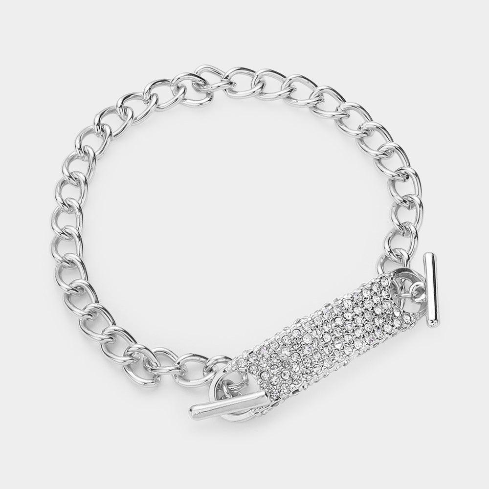 Silver Stone Paved Rectangle Bar Chain Toggle Bracelet