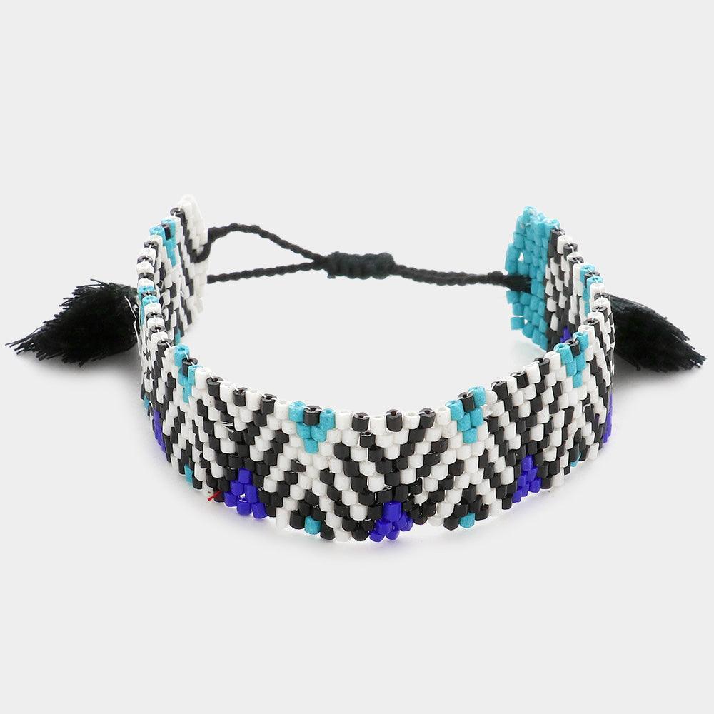 Blue Boho Patterned Beaded Tassel Pull Tie Cinch Bracelet - Jewelry Store by Erik Rayo