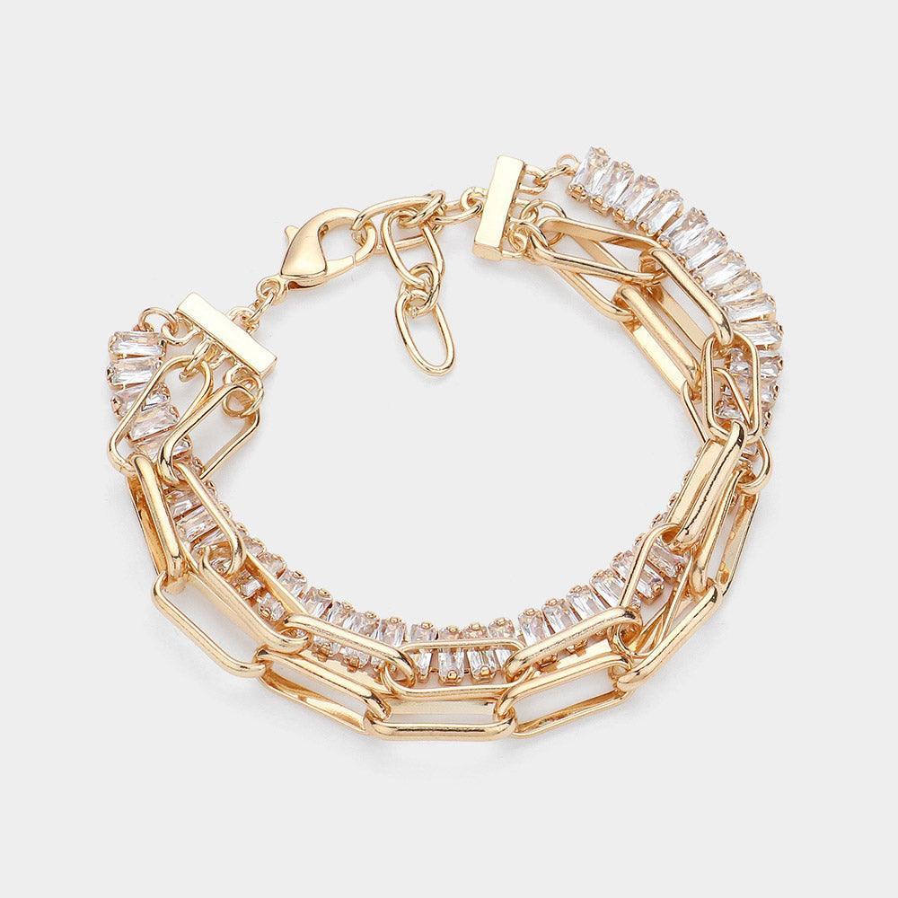 Gold Baguette Stone Cluster Link Metal Paper Clip Chain Layered Bracelet - Jewelry Store by Erik Rayo