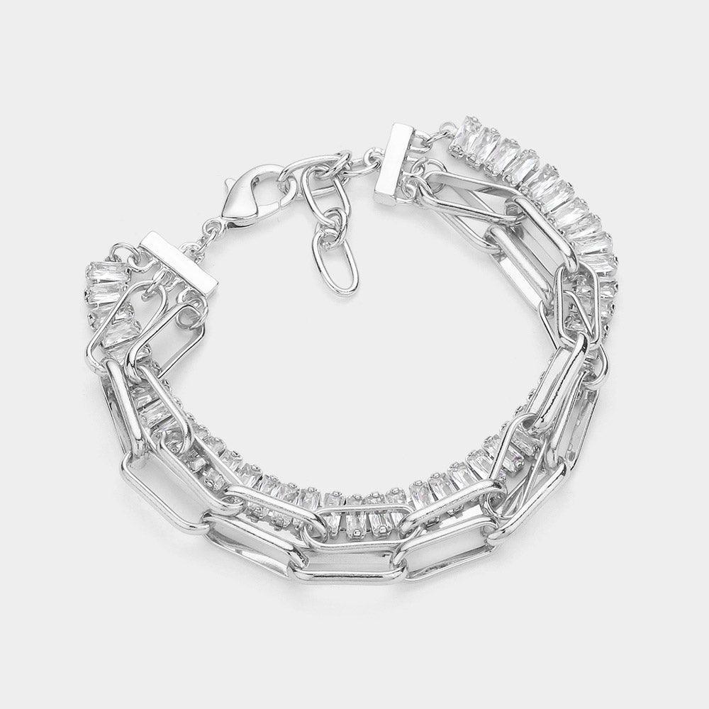 Baguette Stone Cluster Link Metal Paper Clip Chain Layered Bracelet - Jewelry Store by Erik Rayo