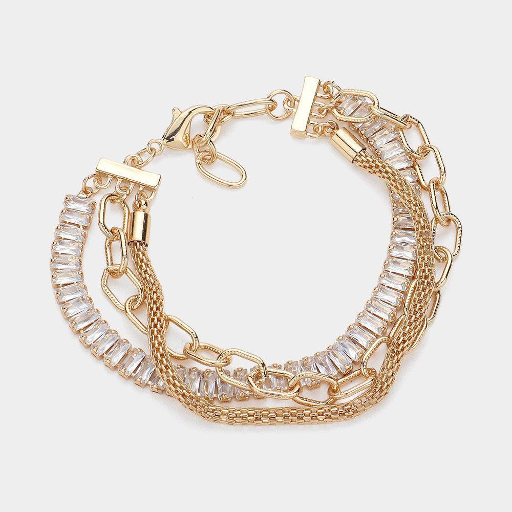 Gold Baguette Stone Cluster Link Metal Mesh Chain Layered Bracelet - Jewelry Store by Erik Rayo