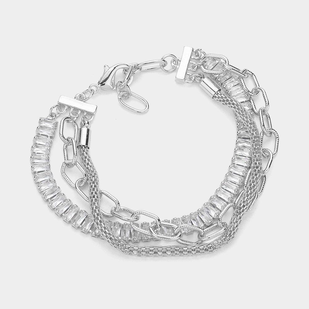 Baguette Stone Cluster Link Metal Mesh Chain Layered Bracelet - Jewelry Store by Erik Rayo
