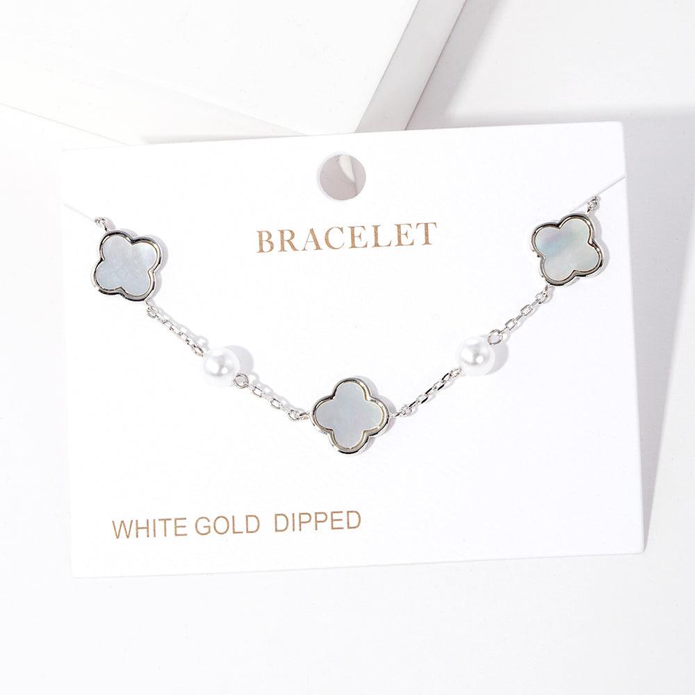 Gold White Gold Dipped Mother of Pearl Quatrefoil Station Bracelet